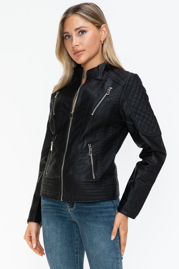 Snobbish Faux Leather Zip Up Mock Neck Jacket Womens Jacket