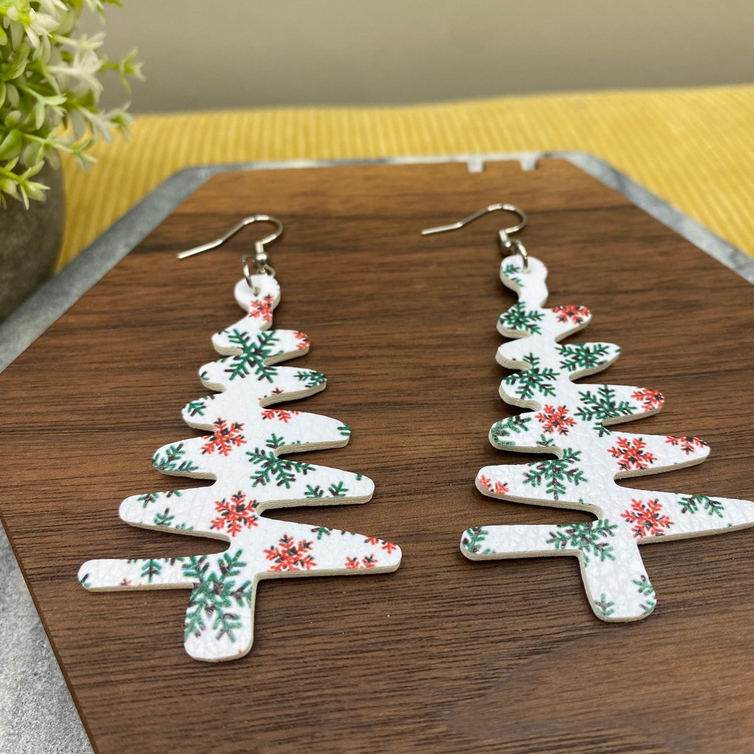 Faux Leather Earrings - Christmas - Snowflake Tree Shape on White    