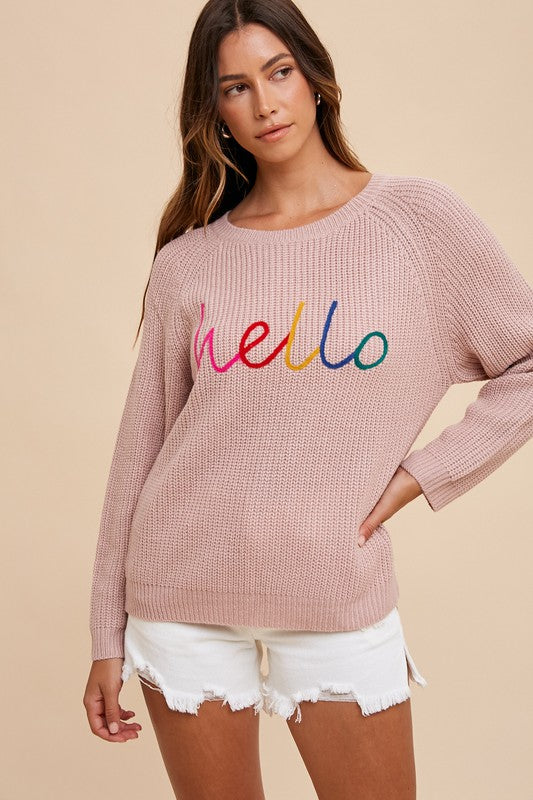 Annie Wear HELLO Embroidered Raglan Sleeve Sweater Womens Sweater