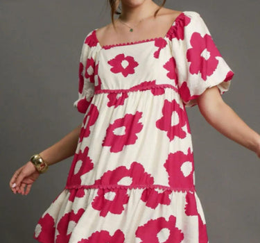 Umgee Contrast Floral Short Sleeve Mini Dress Plus Size