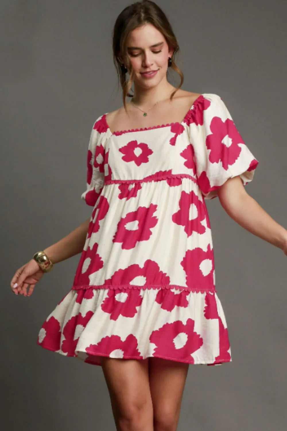 Umgee Contrast Floral Short Sleeve Mini Dress Plus Size Womens Mini Dress Deep Rose S