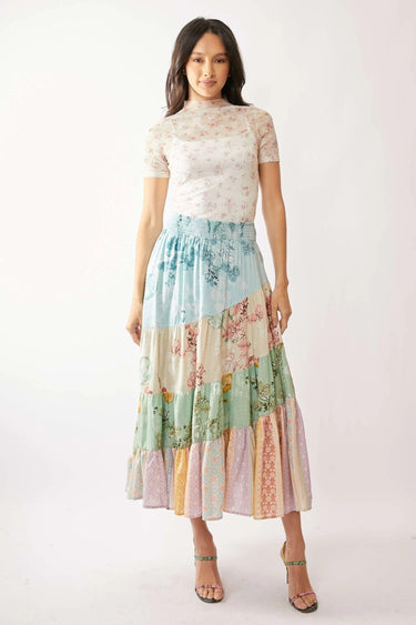 Davi & Dani Floral Mesh Mock Neck Short Sleeve Top