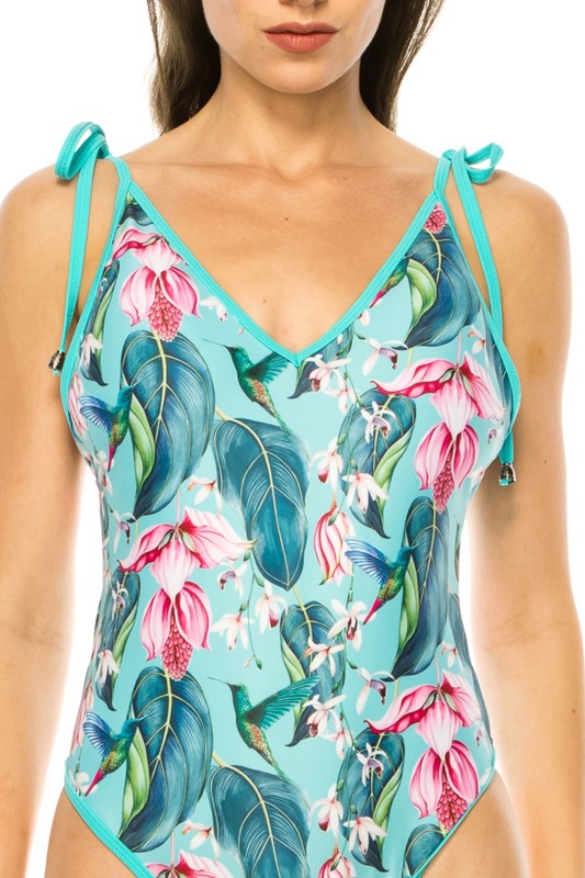 ONE PIECE BATHING SUIT FLORAL PRINT SHOULER TOP TI  Turquoise S 