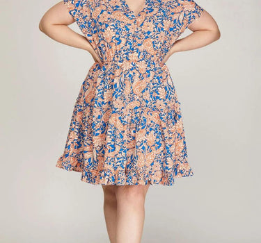 She + Sky Ruffled Hem Printed Surplice Kimono Sleeve Mini Dress Plus Size
