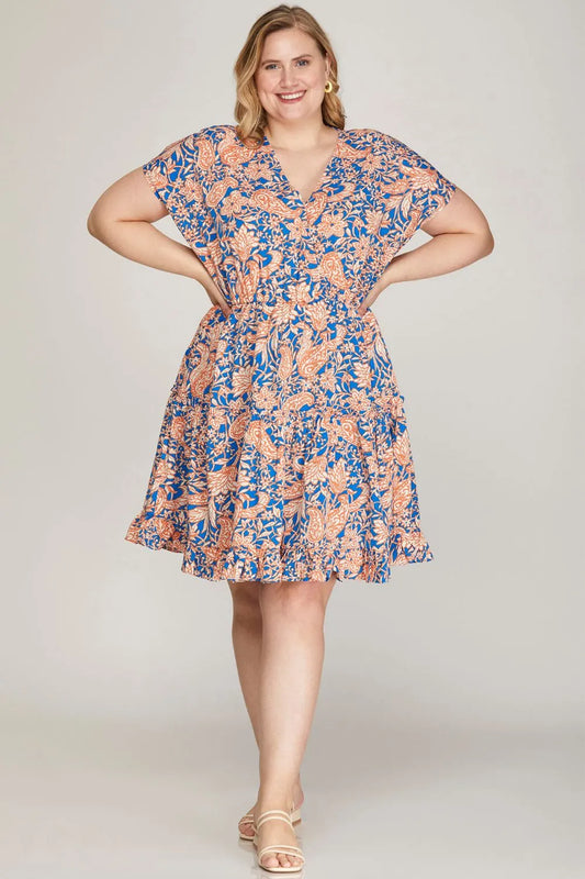 She + Sky Ruffled Hem Printed Surplice Kimono Sleeve Mini Dress Plus Size Womens Mini Dress