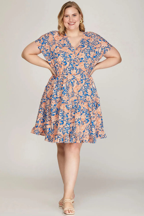 She + Sky Ruffled Hem Printed Surplice Kimono Sleeve Mini Dress Plus Size Womens Mini Dress