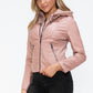 Snobbish Faux Leather Zip Up Drawstring Hooded Jacket Womens Jacket