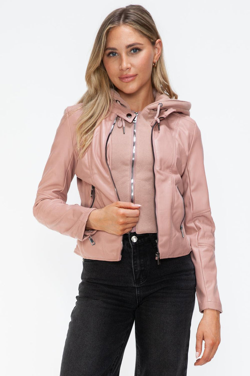 Snobbish Faux Leather Zip Up Drawstring Hooded Jacket - Three Mad Hatters Mercantile 