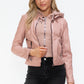 Snobbish Faux Leather Zip Up Drawstring Hooded Jacket Womens Jacket