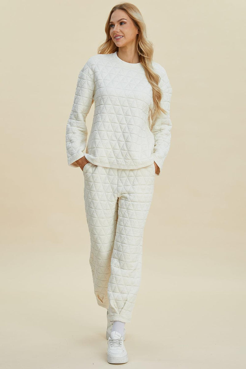 Double Take Textured Long Sleeve Top and Pants Set - Three Mad Hatters Mercantile 