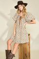 Umgee Lace Tape Drawstring Floral Puff Sleeve Mini Dress Plus Size - Three Mad Hatters Mercantile 