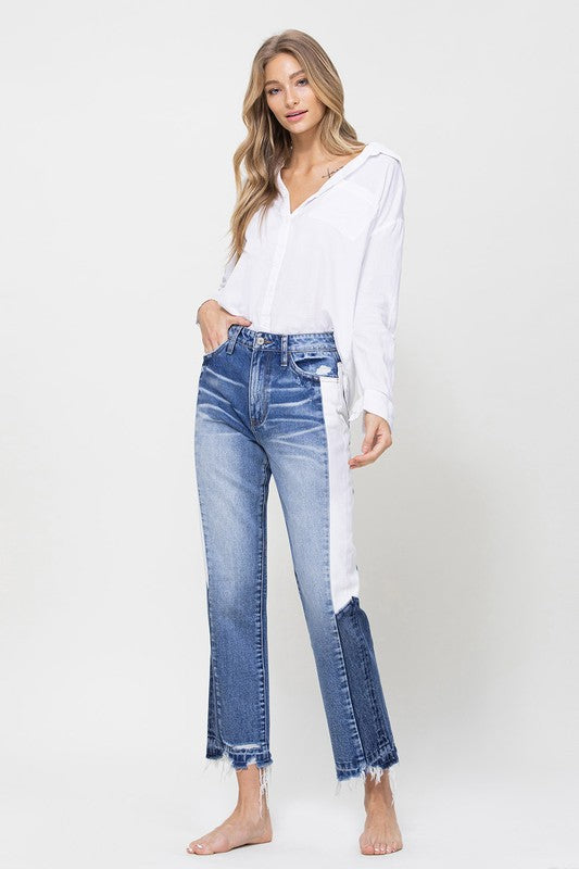 Super HIgh RIse Straight W/Side Blocking Panel Straight Leg Jeans   