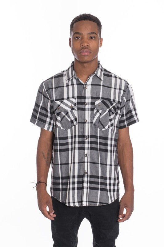 Weiv Men's Casual Short Sleeve Checker Shirts  GREY S 