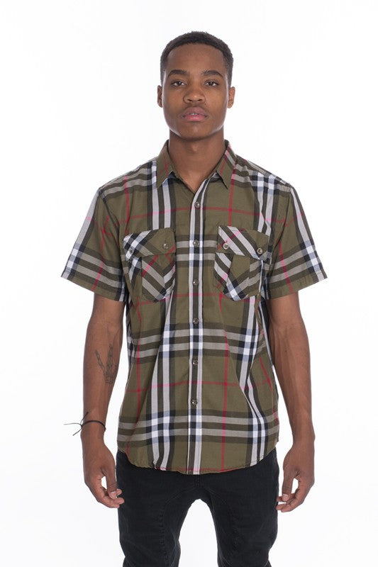 Weiv Men's Casual Short Sleeve Checker Shirts  OLIVE S 