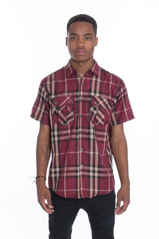 Weiv Men's Casual Short Sleeve Checker Shirts Mens Short Sleeve Shirt BURGUNDY S 