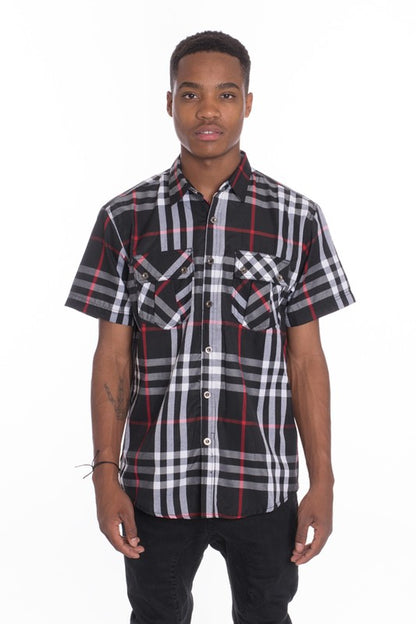 Weiv Men's Casual Short Sleeve Checker Shirts  BLACK S 