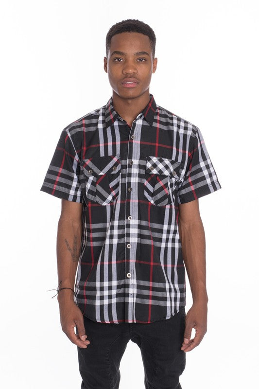 Weiv Men's Casual Short Sleeve Checker Shirts Mens Short Sleeve Shirt BLACK S 