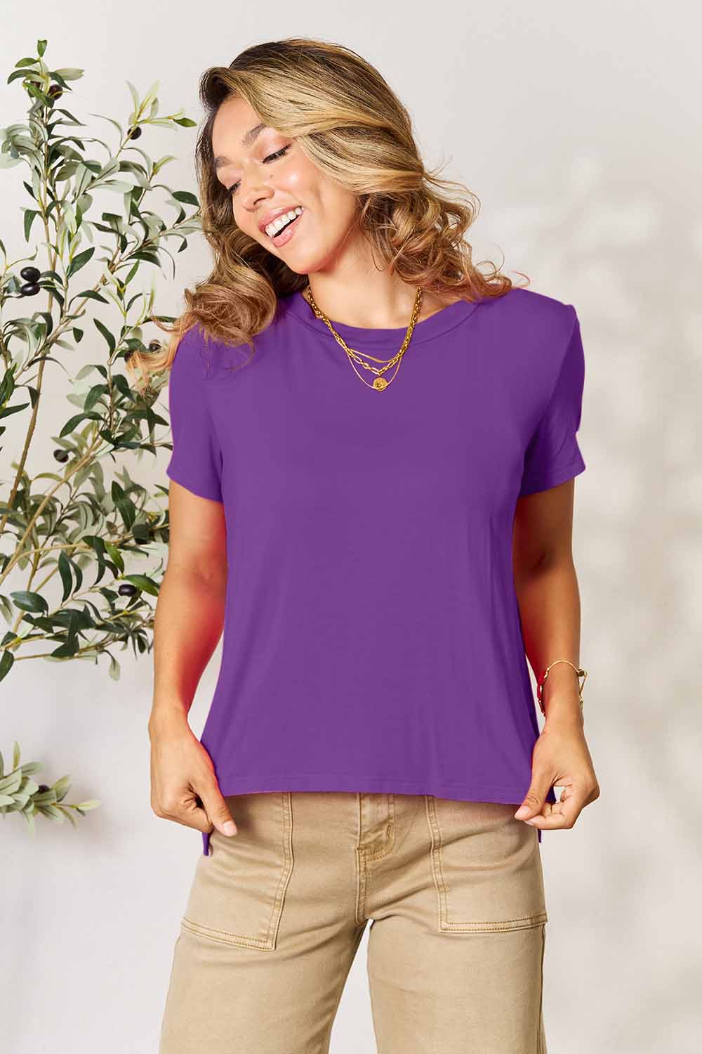 Basic Bae Full Size Round Neck Short Sleeve T-Shirt Womens T-shirt Purple S 