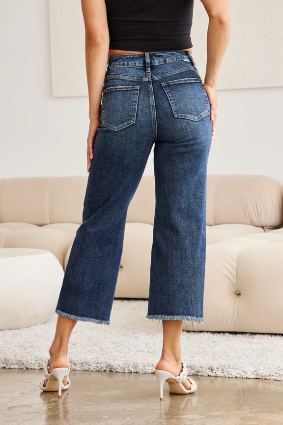 RFM Tummy Control High Waist Raw Hem Jeans Denim   