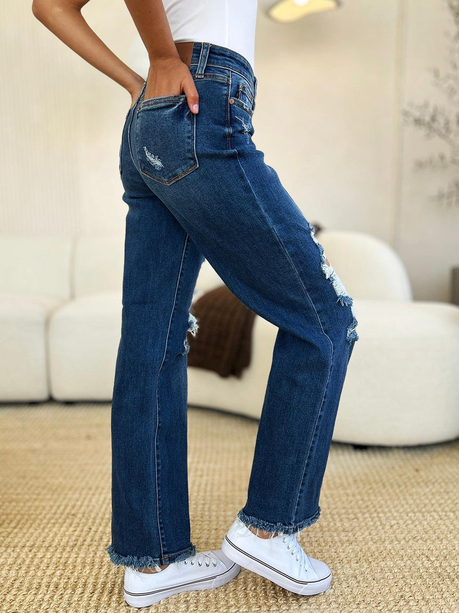 Judy Blue Full Size Mid Rise Distressed Raw Hem Jeans - Three Mad Hatters Mercantile 