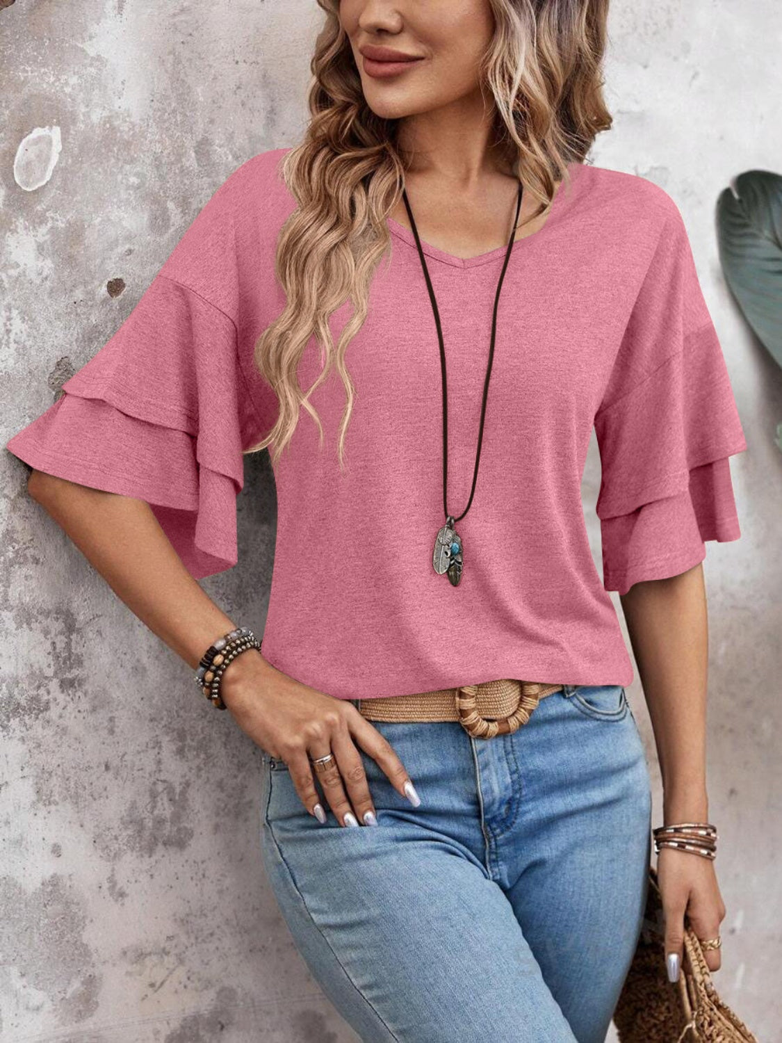 V-Neck Half Sleeve Blouse Womens Tops   