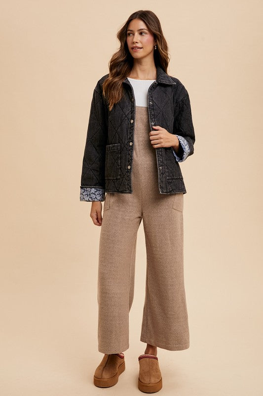 Annie Wear Quilted Printed Lining Snap Down Denim Jacket Quilted Printed Denim Jacket