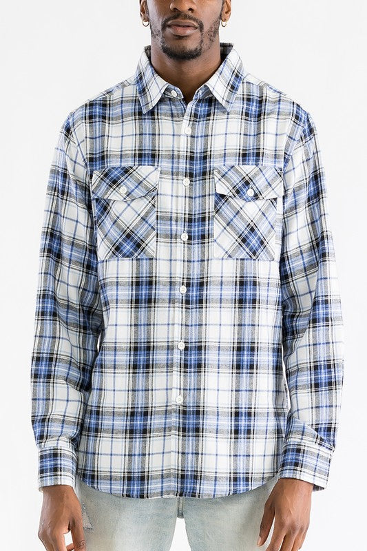 Checker Plaid Flannel Long Sleeve Mens Long Sleeve Shirt BLACK WHITE 2XL 