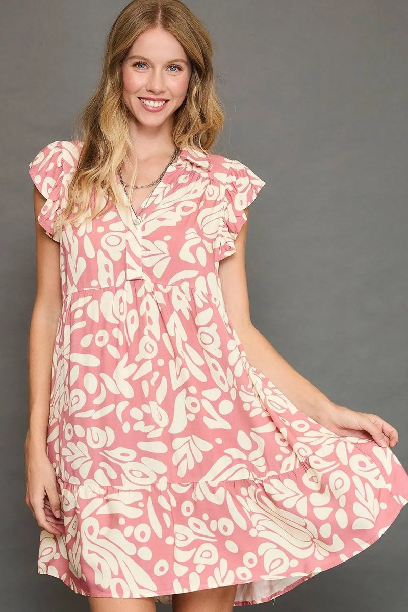 Umgee Two Tone Printed Ruffled Cap Sleeve Mini Dress Plus Size Womens Mini Dress Blush Pink S