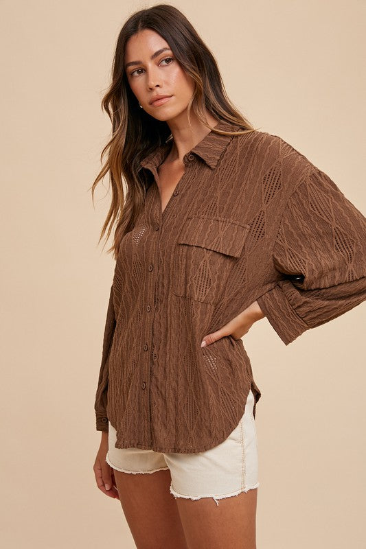 Annie Wear Openwork Button Down Drop Shoulder Shirt Womens Long Sleeve Top Brown S