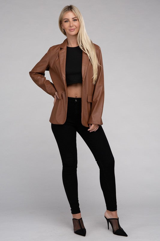 Sleek Pu Leather Blazer with Front Closure Blazer   