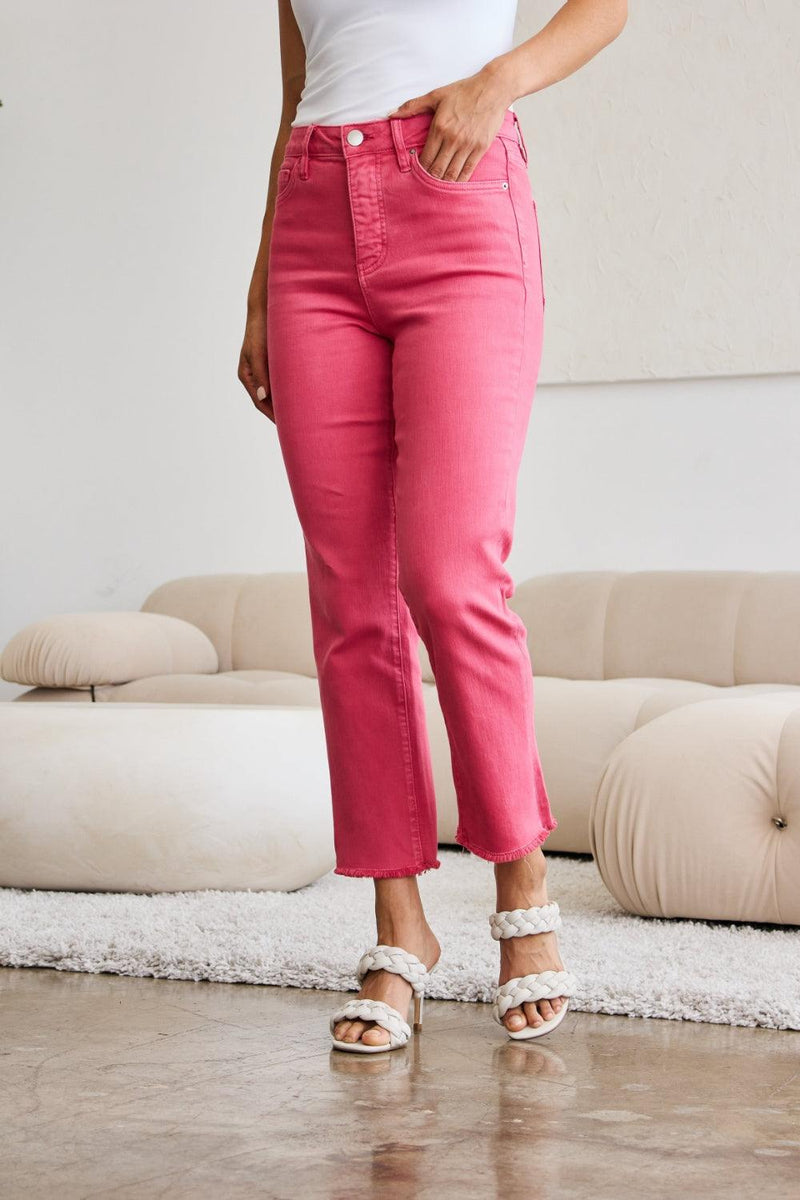RFM Crop Dylan Tummy Control High Waist Raw Hem Jeans - Three Mad Hatters Mercantile 