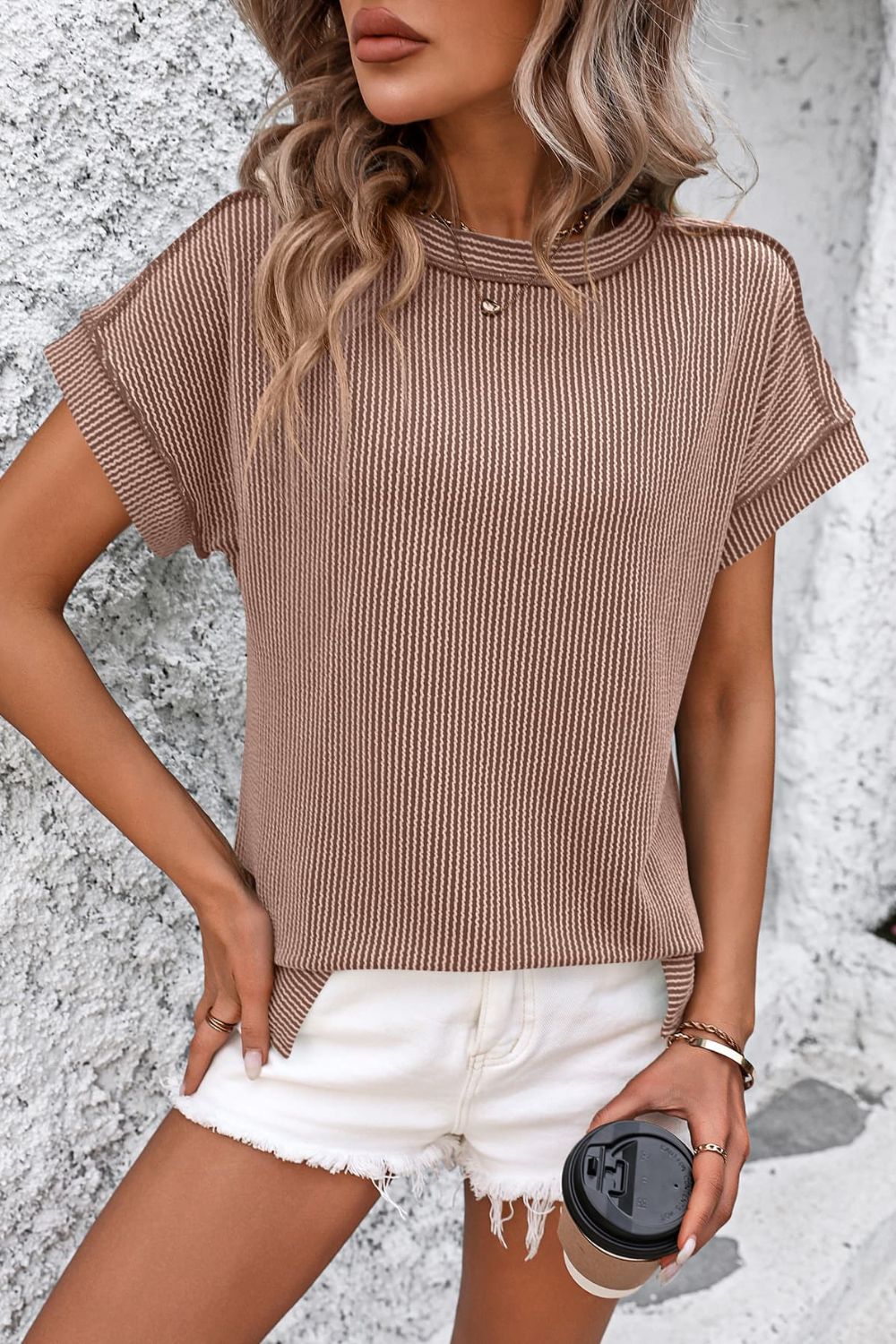 Striped Round Neck Short Sleeve T-Shirt Womens T-shirt   