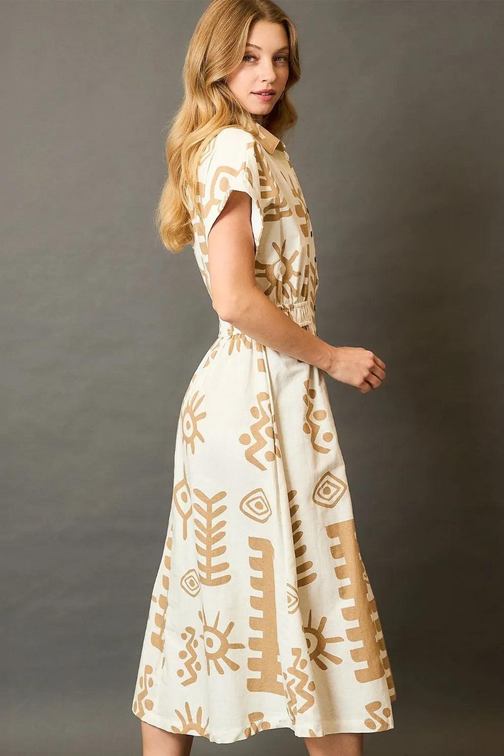 Umgee Abstract Print Elastic Waist Midi Dress Plus Size - Three Mad Hatters Mercantile 