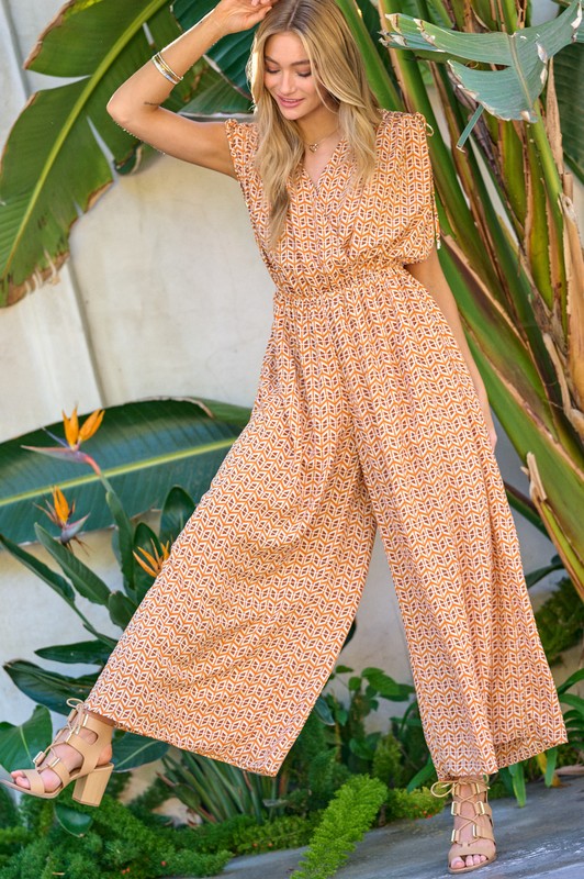 Printed V-Neck Sleeveless Jumpsuit Jumpsuit Orange S 