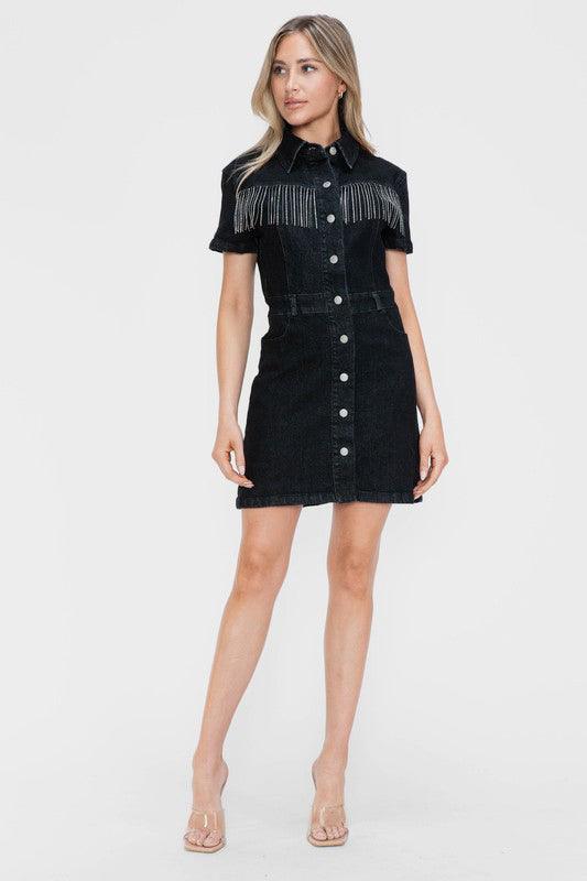 Bytos Embellished Button Down Short Sleeve Denim Dress - Three Mad Hatters Mercantile 