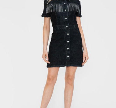Bytos Embellished Button Down Short Sleeve Denim Dress