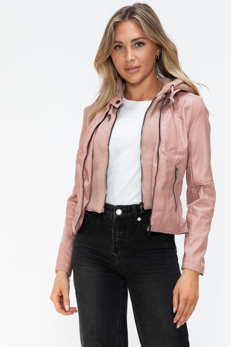 Snobbish Faux Leather Zip Up Drawstring Hooded Jacket - Three Mad Hatters Mercantile 