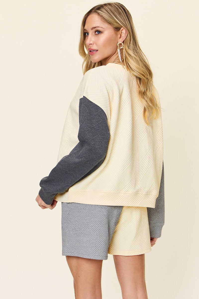 Double Take Contrast Drop Shoulder Top and Shorts Set - Three Mad Hatters Mercantile 