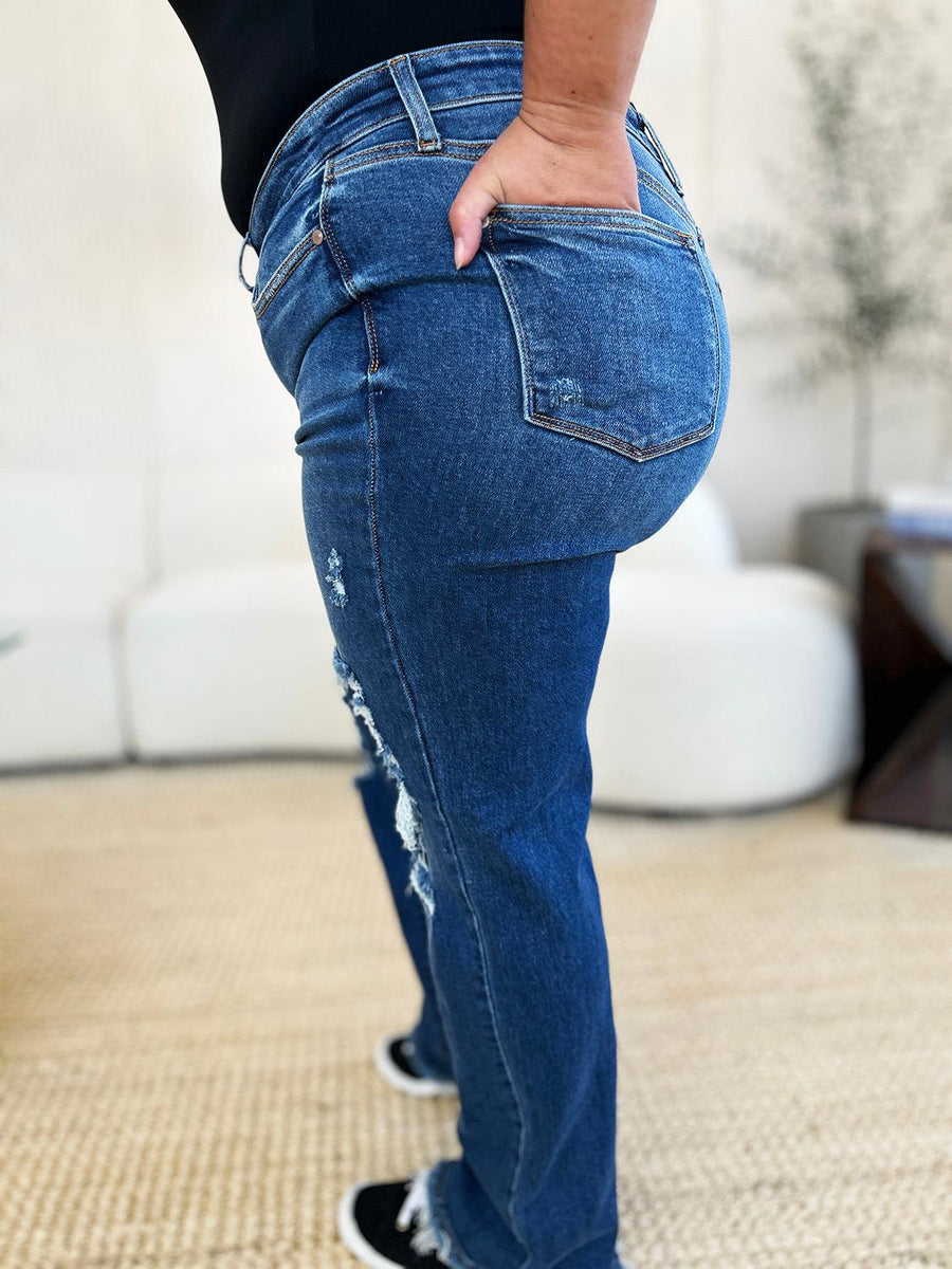 Judy Blue Full Size Mid Rise Distressed Raw Hem Jeans - Three Mad Hatters Mercantile 