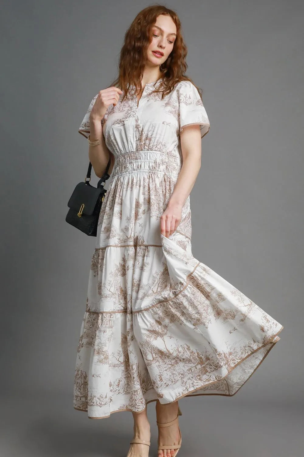 Umgee Landscape Print Short Sleeve Tiered Maxi Dress Plus Size Womens Maxi Dress Camel S