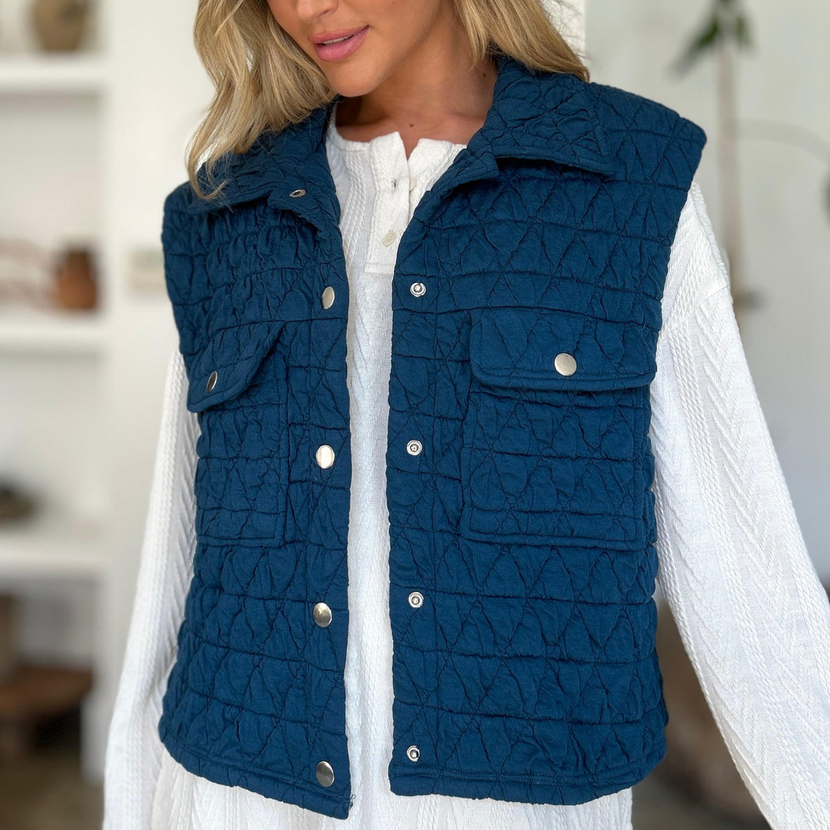 Double Take Pocketed Texture Snap Down Vest - Three Mad Hatters Mercantile 