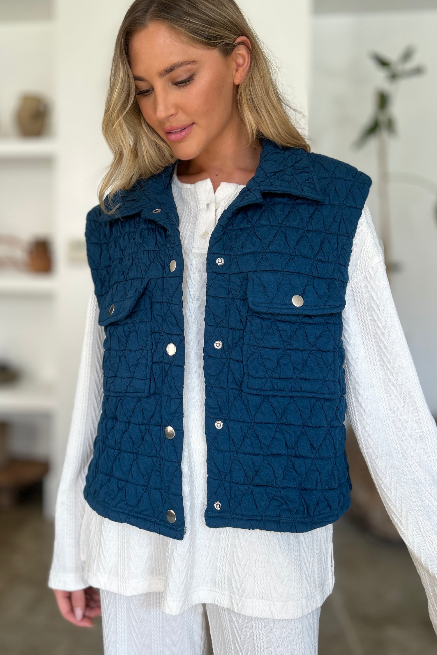 Double Take Pocketed Texture Snap Down Vest Snap Down Vest