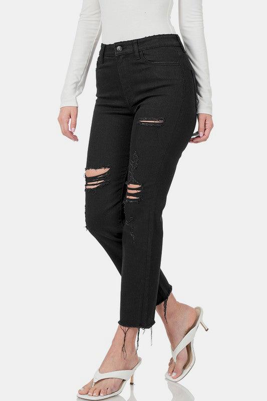 Zenana Distressed Raw Hem Cropped Jeans - Three Mad Hatters Mercantile 