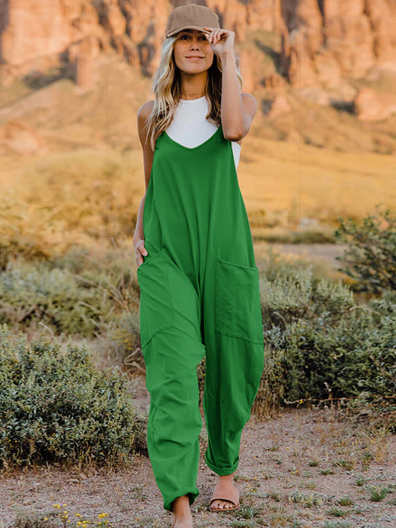 Double Take Full Size Sleeveless V-Neck Pocketed Jumpsuit Womens Overalls Green S 