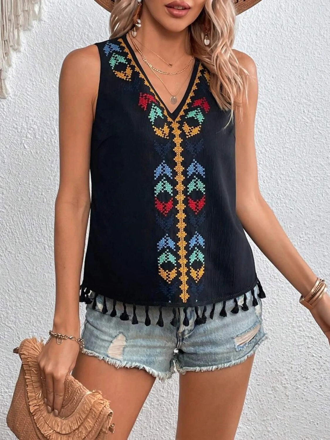 Printed V-Neck Tank w Tassels Womens Tank Tops   