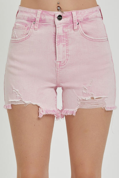 RISEN- High Rise Distressed Denim Shorts Womens Denim Shorts Acid Pink S 