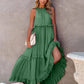 Ruffled Sleeveless Tiered Maxi Dress with Pockets  Dark Green S 