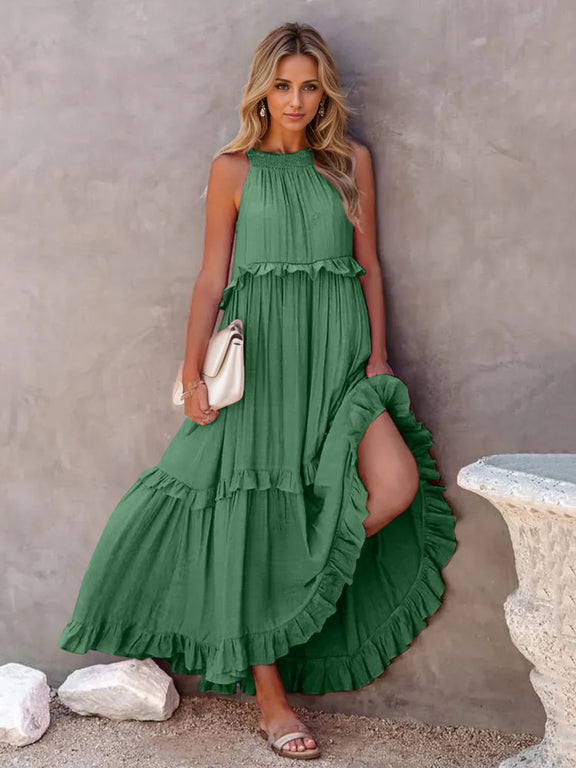 Ruffled Sleeveless Tiered Maxi Dress with Pockets  Dark Green S 