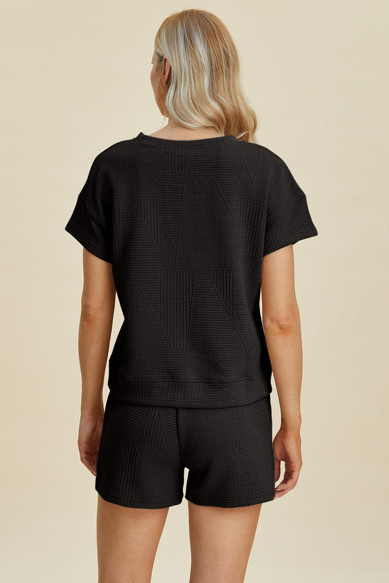 Double Take Full Size Texture Short Sleeve Top and Shorts Set - Three Mad Hatters Mercantile 