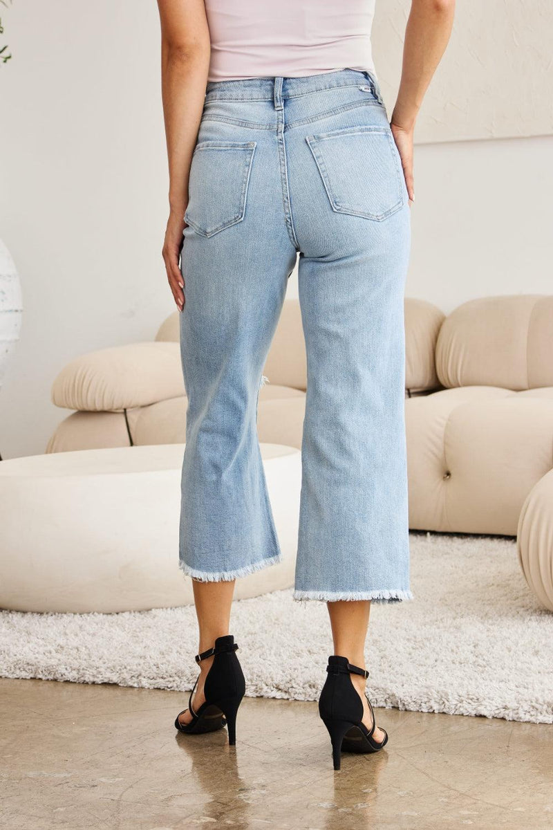 RFM Tummy Control High Waist Raw Hem Distressed Jeans - Three Mad Hatters Mercantile 